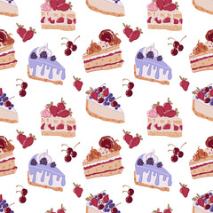 Flat vector pattern delicious cake slices with fruits, cream and diverse layers. Perfect for bakery branding, menu design or food packaging