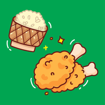 Cute Cartoon Vector of Thai Fried Chicken and Sticky Rice Set