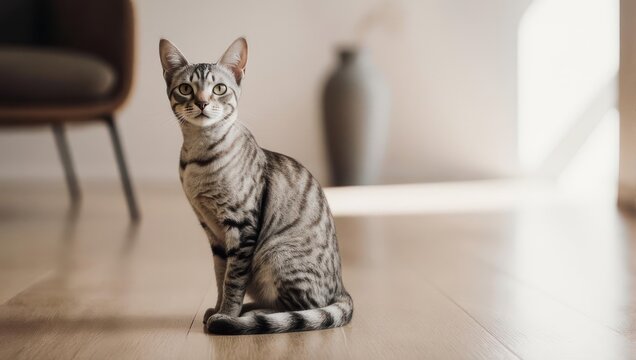 A beautiful domestic cat with striped fur sits at home.