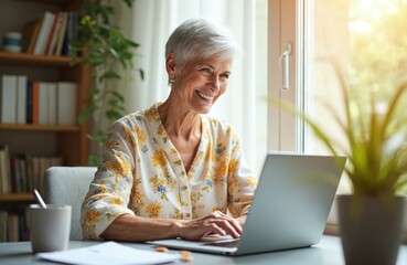 Happy senior woman uses modern laptop at home. Smiles, enjoying online activity in bright living room. Mature lady manages personal finances, studies, connects with family virtually. Tech life easy,