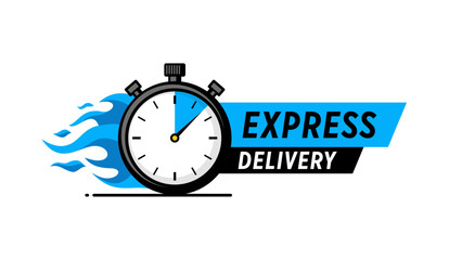 Fast Express Delivery Illustration with Stopwatch and Blue Flames. Vector Illustration Template