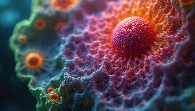 Vibrant abstract cells under microscope show nature beauty. Intricate patterns, bright colors reveal hidden life structure. Biological organism magnified, detailed view of cellular world. Scientific