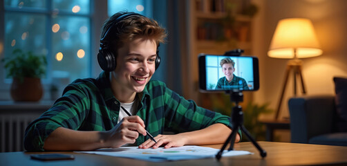 Teenage boy wears headphones, smiles during virtual video call on phone. Sits at home desk, uses tripod for online class. Student studies, records content, creates vlog in evening. Digital learning,