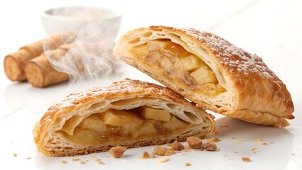 Warm, golden apple turnover in crisp close-up view, highlighting flaky pastry texture and sweet filling against a white backdrop.