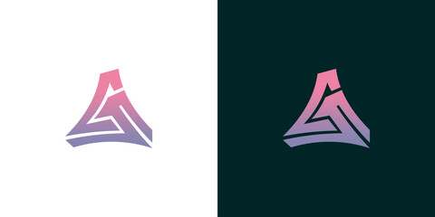 Modern and futuristic CS or GS letter monogram logo design in a vibrant pink and purple gradient. Abstract geometric triangular icon concept for technology or gaming