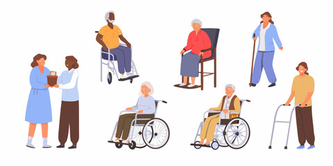 Diverse group of elderly people with mobility issues and caregivers