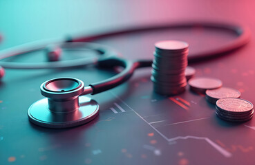 Stethoscope rests near stacks of coins on a dark surface with financial charts. Healthcare costs and medical expenses concept. Money and medicine juxtaposition in dim light.