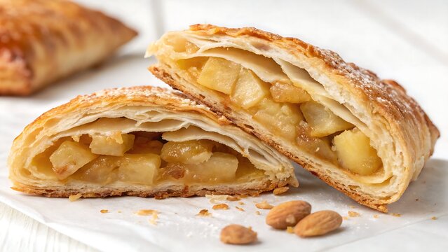 Warm, golden apple turnover in crisp close-up view, highlighting flaky pastry texture and sweet filling against a white backdrop.