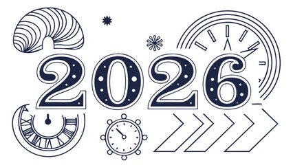 Illustration of the year two thousand and twenty six with clocks and decorative elements in blue outline