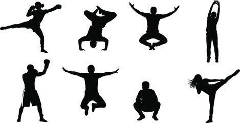 Athletic exercise silhouette icon set, black vector poses, martial arts yoga boxing stretching squatting fitness illustration design