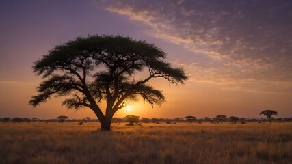 Acacia solitaria en la sabana africana al amanecer con cielo violeta y luz dorada
