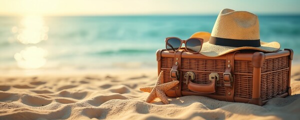 Naklejka premium Retro suitcase with hat, sunglasses sits on sandy beach near blue ocean water. Starfish rests on shore next to wicker baggage. Sunny day evokes vacation vibes. Summer holiday packing done. Ready for
