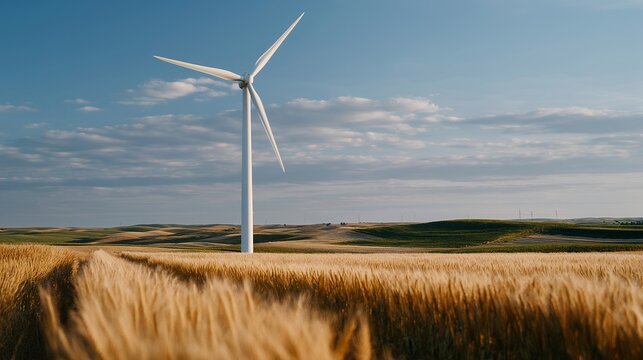 A wind turbine rising above expansive farmland as crops sway below, symbolizing clean energy powering sustainable agriculture — renewable farming synergy, climate-smart agriculture, and rural