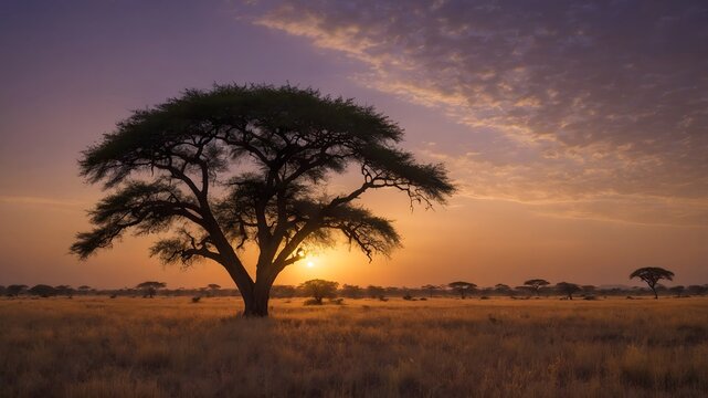 Acacia solitaria en la sabana africana al amanecer con cielo violeta y luz dorada