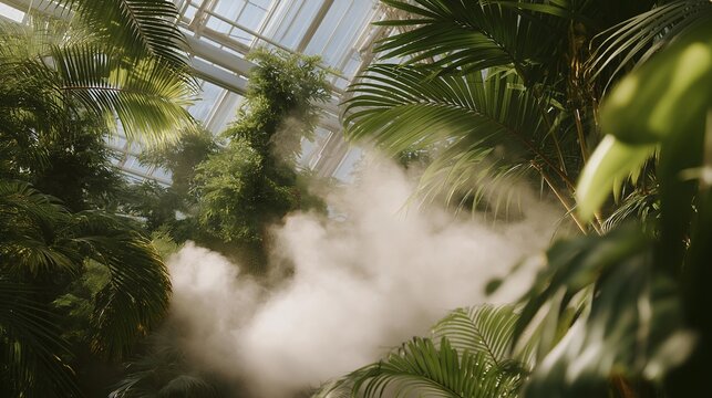 A greenhouse powered by geothermal energy, warm mist rising from pipes as tropical crops grow in an otherwise cold climate — climate-resilient agriculture, renewable-energy farming, and year-round - Powered by Adobe