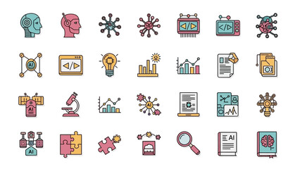 Collection of AI, science, and technology icons representing innovation and research.
