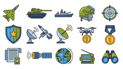 Collection of Military and Defense Icons Representing Modern Warfare.