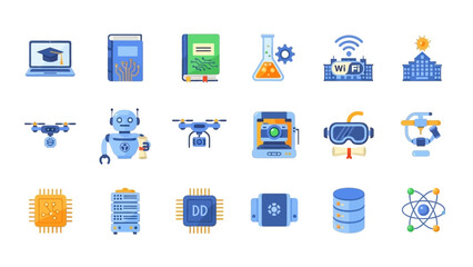 Collection of Modern Technology and Innovation Icons Representing Scientific Advancements.