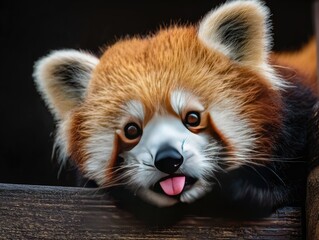 Fototapeta premium A close-up, fluffy red panda peeks out from a dark enclosure, tongue sticking out playfully