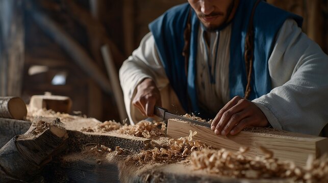 A craftsman carving intricate patterns into wood using time-worn tools, shavings curling to the floor in an old workshop — woodworking tradition, handmade artistry, and cultural craftsmanship. - Powered by Adobe