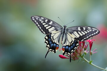Fototapeta premium Detailed macro shot of a striking yellow and black butterfly with blue accents