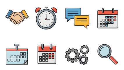 Business and Time Management Icons - Handshake, Clock, Calendar, and Gears.