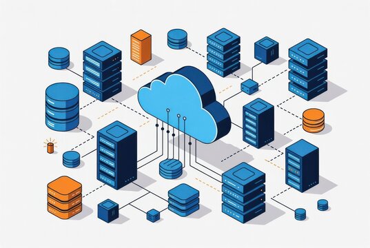 Cloud computing network diagram with interconnected servers and data nodes
