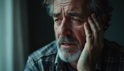Older man looks upset, stressed, worried, touching face. Experiences pain, grief. Sad male adult suffers from mental health issues, relationship problems. Senior man feels distressed, abused, alone