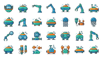 Collection of Underwater Robot Icons for Marine Exploration.