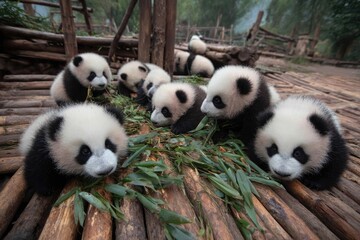 Fototapeta premium A group of adorable baby pandas gathered on a wooden platform, feeding on bamboo