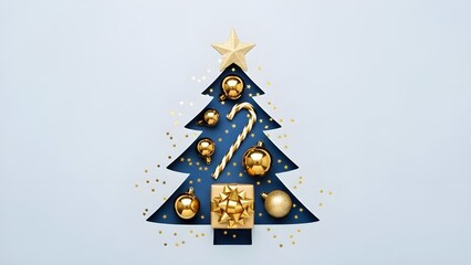 Stylized Christmas Tree with Golden Ornaments, Gift Box, and Confetti on Neutral Background