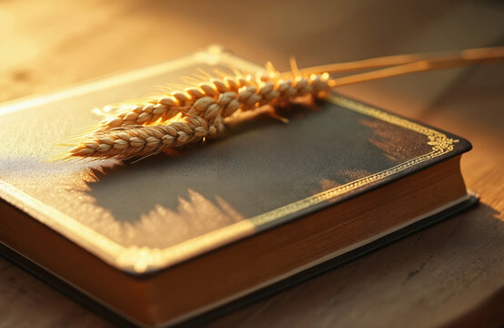 Photo of barley ears resting on a holy bible. Spiritual imagery of faith harvest and scripture. Represents Christian beliefs and thanksgiving. Symbolizes spirituality religion.