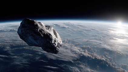 A close-up view of a dark, textured asteroid looming above a planet, its atmosphere, & sunlight