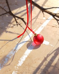 Minimal Christmas still life with red ornament on neutral background  