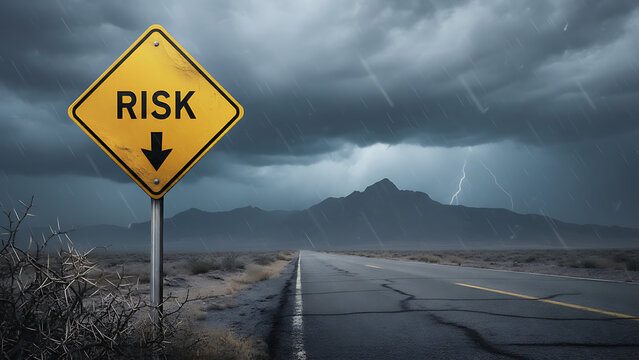 Road warning sign with risk against stormy sky symbolizing danger ahead 93251430 1