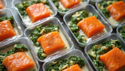 Cooked salmon fillets with creamy cheesy spinach neatly arranged in clear plastic individual containers. Convenient prepped meals offer quick healthy lunch dinner solution. Perfect for busy people