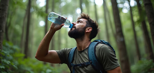 Young man sips water from a bottle in a dense green forest. Hiker takes a refreshing break during trek. He feels thirsty after intense exercise in nature. Guy rehydrates on his adventure journey.