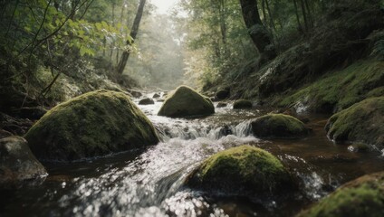 Fototapeta premium Sunlit Stream Flowing Through a Lush Green Forest Landscape.