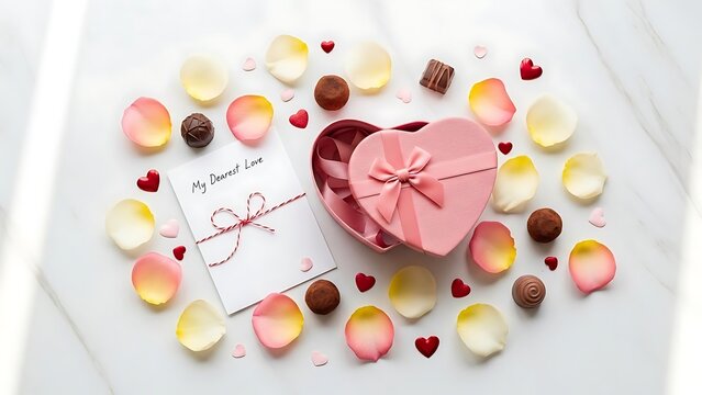 Overhead view of a pink heart-shaped gift box with a bow surrounded by assorted candies, rose petals, and small hearts on a white marble surface with a Valentine's Day card. - Powered by Adobe