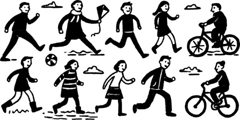 Dynamic people engaging in outdoor activities: running, walking, and biking. Simple black and white vector illustration set showcasing lifestyle and movement.