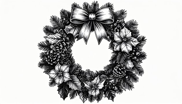 Vintage Christmas Wreath Illustration with Poinsettias Pinecones and Bow. - Powered by Adobe