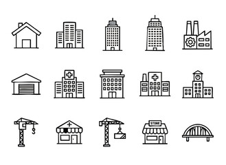 Black and white bold outline vector icon set of buildings and architecture- house, apartment