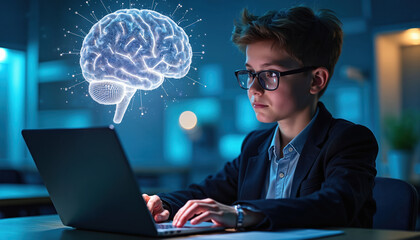Young boy in glasses uses laptop with focused attention. Digital glowing brain visualizes smart thinking connection. Kid learns AI tech research science for bright future. Youth explores computer