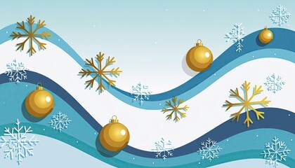 Festive winter background with golden ornaments and snowflakes.