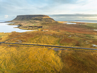 Aerial view around Kirkjufell Mountain - Grundarfjörður - Iceland