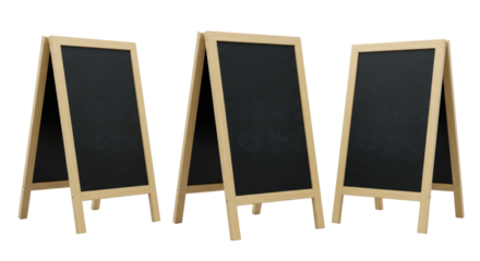 Three blank A-frame chalkboards, light natural wood frames, dark surfaces with chalk residue, angled on a transparent background with copy space, soft studio lighting. Concept for advertising