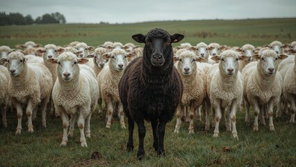 Fototapeta premium Black sheep among white sheep, being different concept