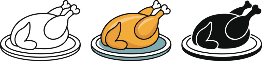 Simple icons of baked bird on platter. Outline, colorful and glyph vector illustration