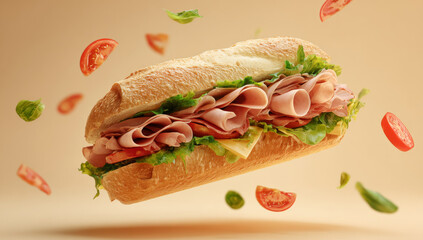 Delicious Ham and Cheese Sub Sandwich with Flying Vegetables.