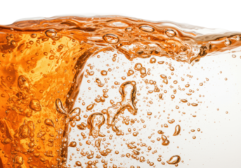 Vibrant, translucent, bright orange liquid with glossy sheen and rising effervescent bubbles, dynamic surface with ripples, against a transparent studio background, concept for beverage advertising